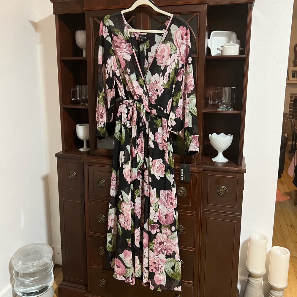 Black Pink Green Floral Maxi Dress Long sleeve wrap tie